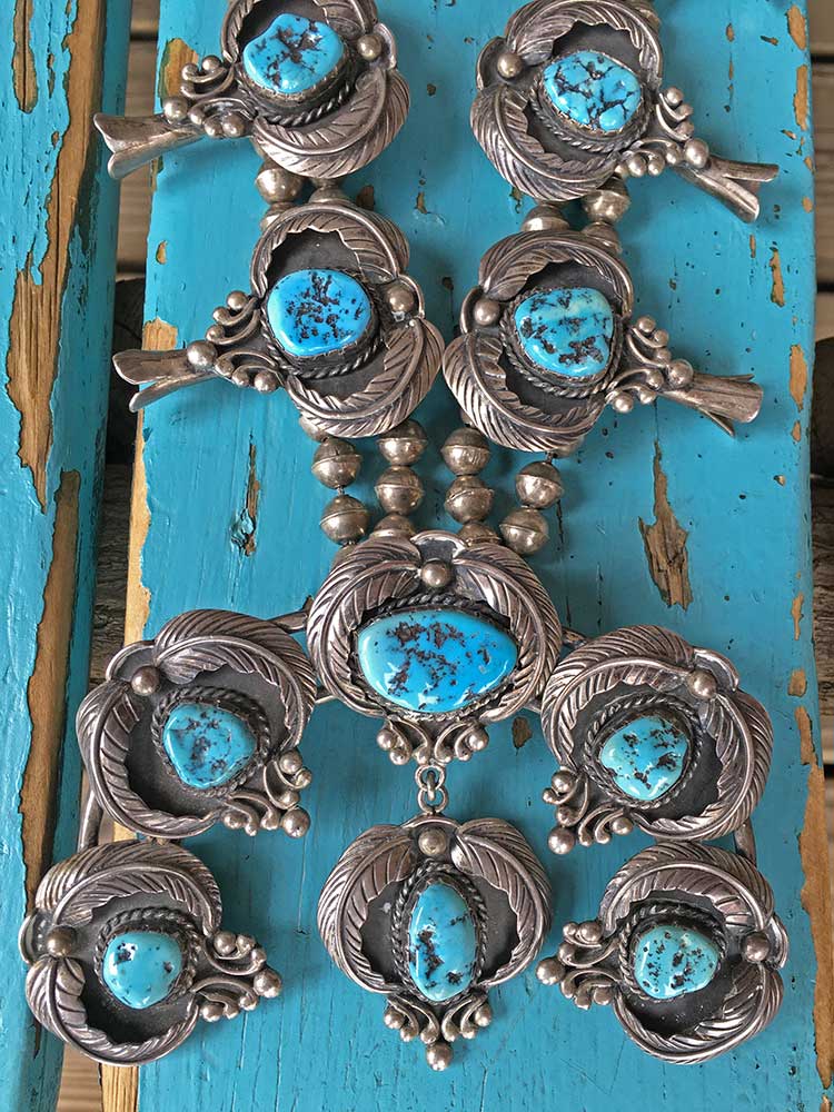 Vintage Silver & Turquoise Squash Blossom Necklace in United States