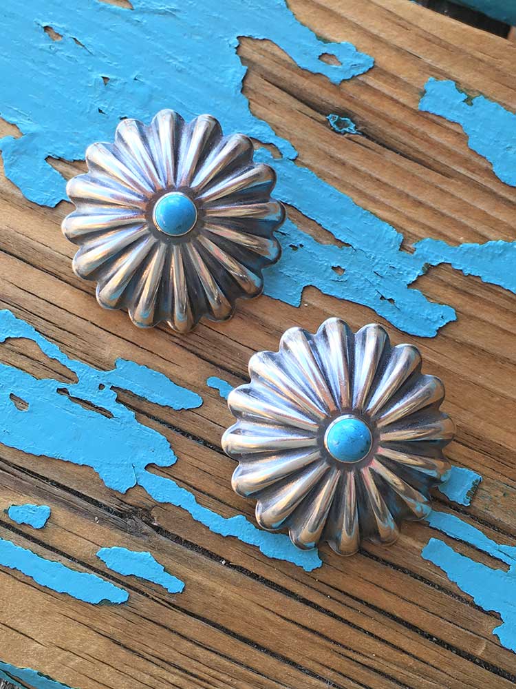 Turquoise Posts, Oval Conchos, Spindly Fringe Earrings