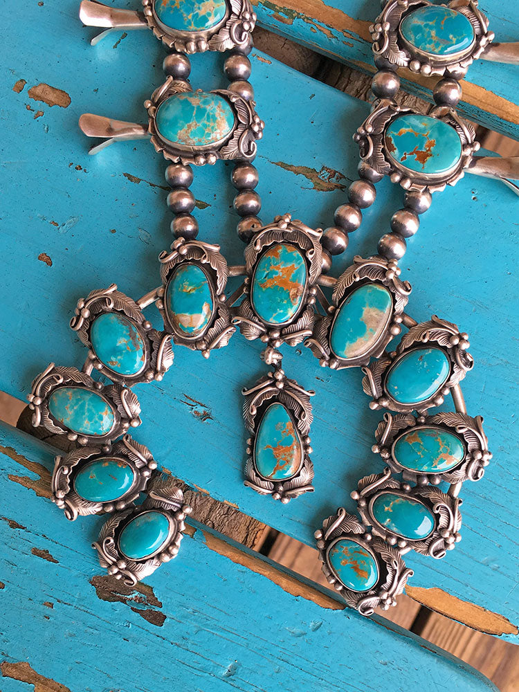 Navajo Natural Golden Hill Turquoise Squash Blossom Necklace And Matching  Earrings - NL#1088 - Native American Jewelry - SilverTQ, LLC