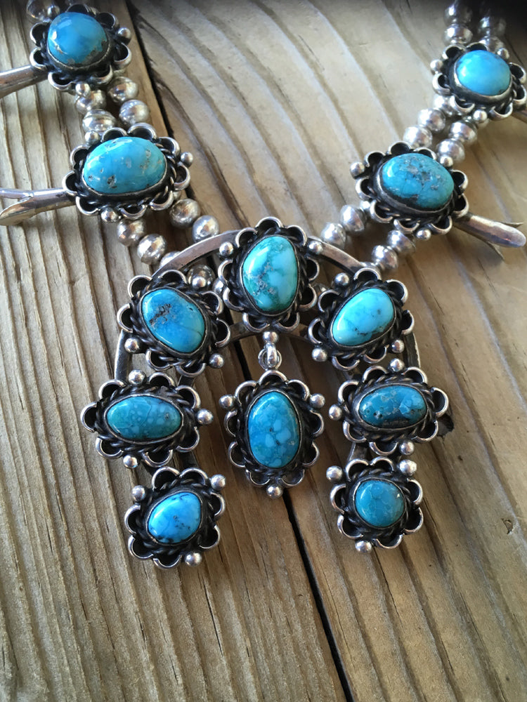 Vintage Silver Squash Blossom Necklace with Natural Blue Turquoise | True  West Gallery